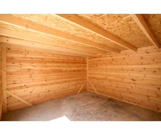 Abri Kylian mono pente avec bûcher, Madriers épicéa 28mm, 6.76 x 3.70m, 25.00m²