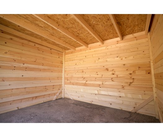 Abri Kylian mono pente avec bûcher, Madriers épicéa 28mm, 3.00 x 3.00m, 9.00m²