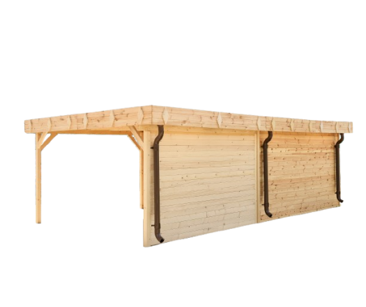 Abri Kylian mono pente avec bûcher, Madriers épicéa 28mm, 6.76 x 3.70m, 25.00m²