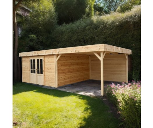 Abri Kylian mono pente avec bûcher, Madriers épicéa 28mm, 6.76 x 3.70m, 25.00m²