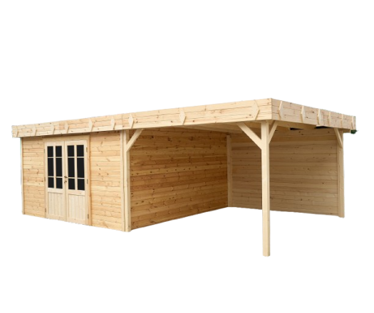 Abri Kylian mono pente avec bûcher, Madriers épicéa 28mm, 6.76 x 3.70m, 25.00m²