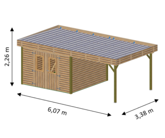 Abri Thibault avec bûcher, THT Madriers 19mm, 3.00 x 3.50m + 2.75 x 3.50m , 20.13m²