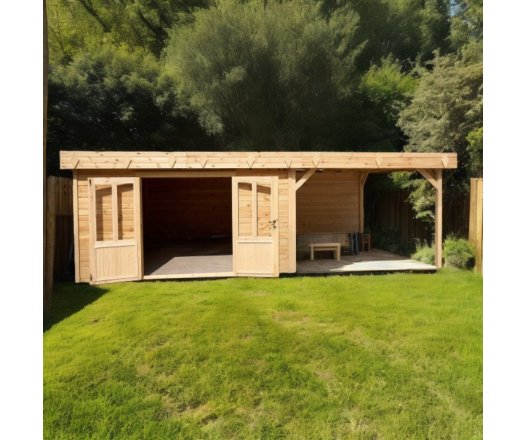 Abri Kylian mono pente avec bûcher, Madriers épicéa 28mm, 6.76 x 3.70m, 25.00m²