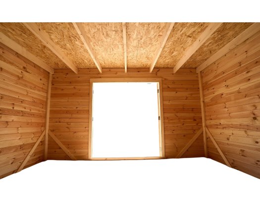 Abri Kylian mono pente avec bûcher, Madriers épicéa 28mm, 6.76 x 3.70m, 25.00m²