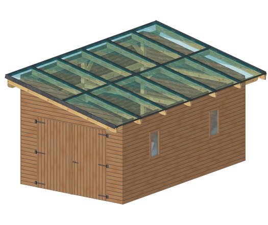 Garage photovoltaïque Wattoit, THT lamellé collé 120 x 120 mm, 3.75 x 6.97m, 26.14 m²