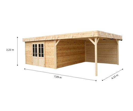 Abri Kylian mono pente avec bûcher, Madriers épicéa 28mm, 6.76 x 3.70m, 25.00m²