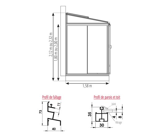 Serre Luxia, aluminium, structure avec différentes couleurs + gouttière 1.80m, 2.36 x 1.58 m, 3.70m²