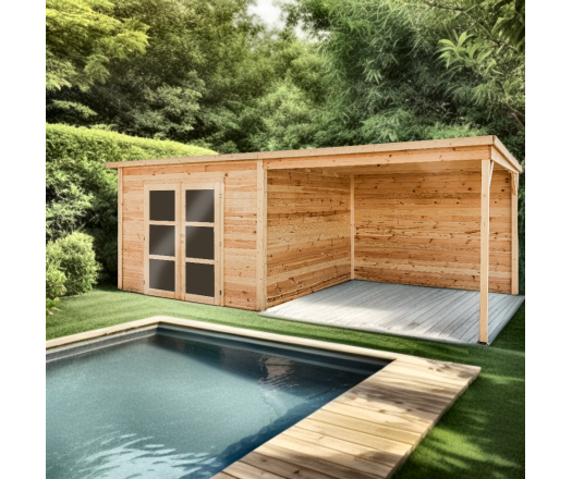 Abri Poolhouse Bahia avec bucher, Epicéa Madriers 28mm, 6.20 x 3.20m, 19.80m²