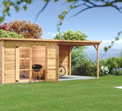 Abri Poolhouse Bahia avec bucher, Epicéa Madriers 28mm, 6.20 x 3.20m, 19.80m²