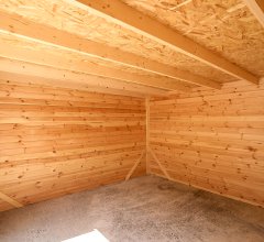 Abri Kylian mono pente avec bûcher, Madriers épicéa 28mm, 6.76 x 3.70m, 25.00m²
