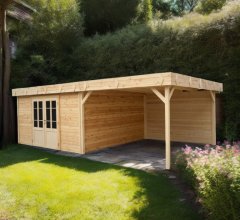 Abri Kylian mono pente avec bûcher, Madriers épicéa 28mm, 6.76 x 3.70m, 25.00m²