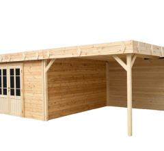 Abri Kylian mono pente avec bûcher, Madriers épicéa 28mm, 6.76 x 3.70m, 25.00m²