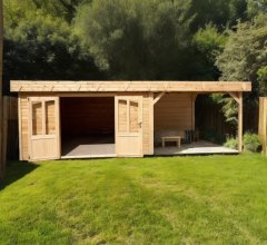 Abri Kylian mono pente avec bûcher, Madriers épicéa 28mm, 6.76 x 3.70m, 25.00m²