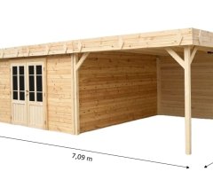 Abri Kylian mono pente avec bûcher, Madriers épicéa 28mm, 6.76 x 3.70m, 25.00m²