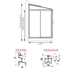 Serre Luxia, aluminium, structure avec différentes couleurs + gouttière 1.80m, 2.36 x 1.58 m, 3.70m²