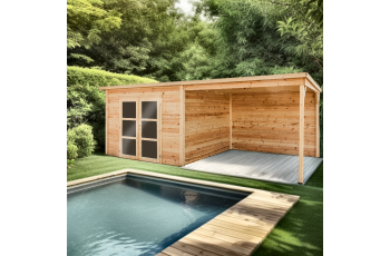 Abri Poolhouse Bahia avec bucher, Epicéa Madriers 28mm, 6.20 x 3.20m, 19.80m²